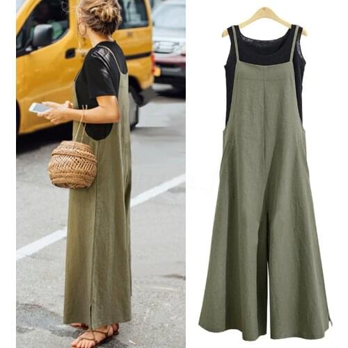 2021 Women Casual Straps Jumpsuit Solid Color Cotton Linen Wide Leg Pants Summer Oversized Jumpsuits Overalls Loose Long Pants