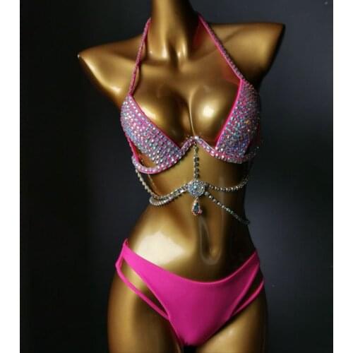 Sandy Beach Vacation Bar Sexy Bikini Set Women Diamond Swimwear Rose Rhinestones Bathing Outfits Crystal Beachwear Bra+Briefs