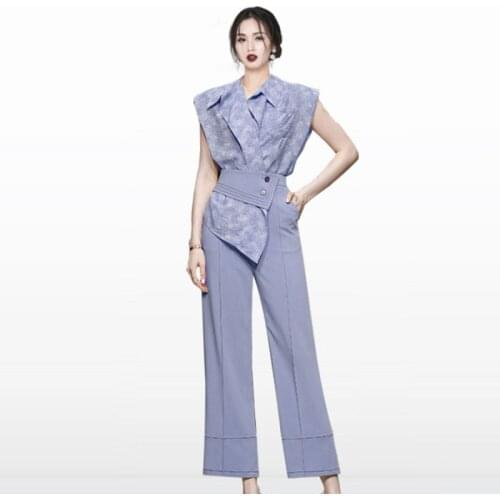 2021 Summer Fall New Elegant Office Lady Two Piece Set Blue Purple Cardigan Off shoulder Shirt & Solid Long Wide Leg Pants Suits
