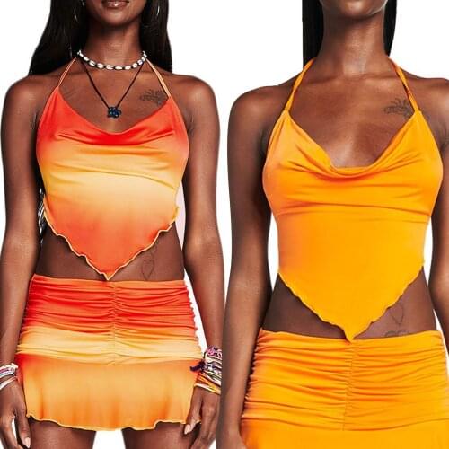 2021 New Womens Halter Crop Cami Tops, Sleeveless Solid Color/Gradient Print Self Tie Backless Camisole