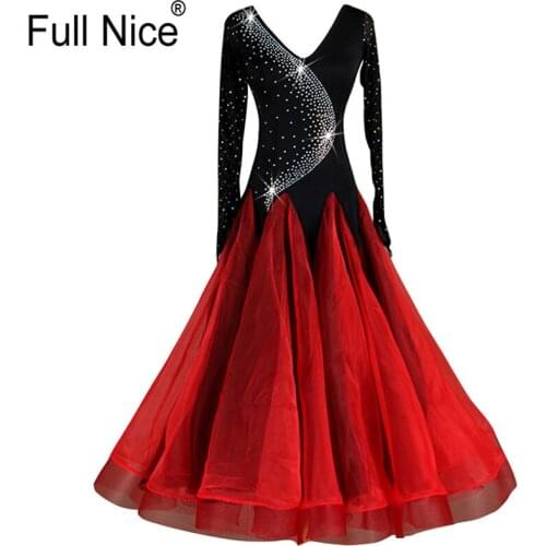 Women Girl Ballroom Dance Black Red Long Sleeve V Neck Modern dance one piece Waltz dress Flamenco Rumba Samba Practice