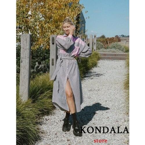 KONDALA Women 2021 High Fashion Pink Color Block Striped Shirt Dress Za Long Sleeve Elegant Long Dress Oversized Casual Vestidos