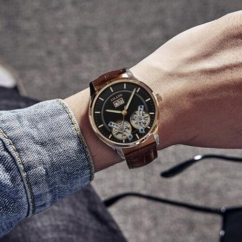AILANG Mens Business Watch Fully Automatic Mechanical Watches Black Dial Leather Sports Waterproof Double Tourbillon Male 8826