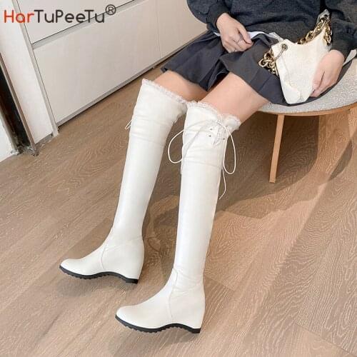 Lolita Style Over the Knee Stretch Boots Girls Autumn Winter 2021 PU Leather Elevator Shoes Lace-Up Cute Cosplay Dress Wedges