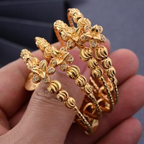 24K 4pcs DubaiFlowers Gold Color Bangles For Baby Girls Round inlaid Stone Bracelet Women Girl Dubai Bangles Child jewelry