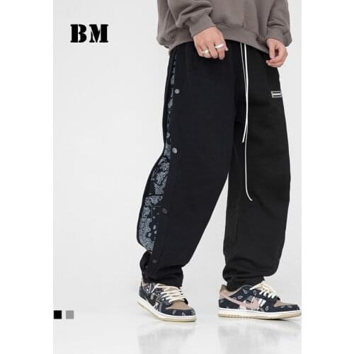 Spring Side Breasted Patchwork Cashew Flower Sports Casual Pants Korean Loose Hip Hop Straight Leg Sweatpants Men Clothing