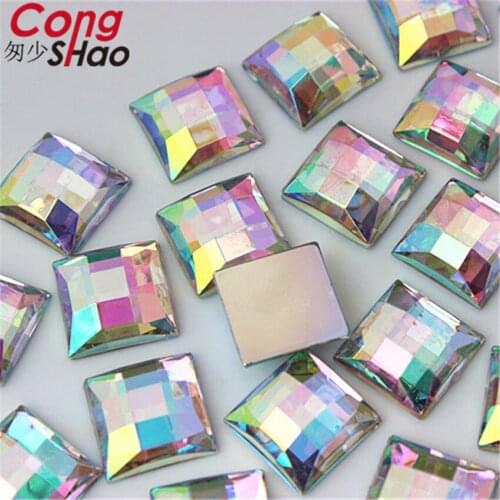 Cong Shao 100PCS 14mm Square AB Crystals And Stones Acrylic Rhinestone Gems Flat Back For DIY Costume Button Accessories CS18