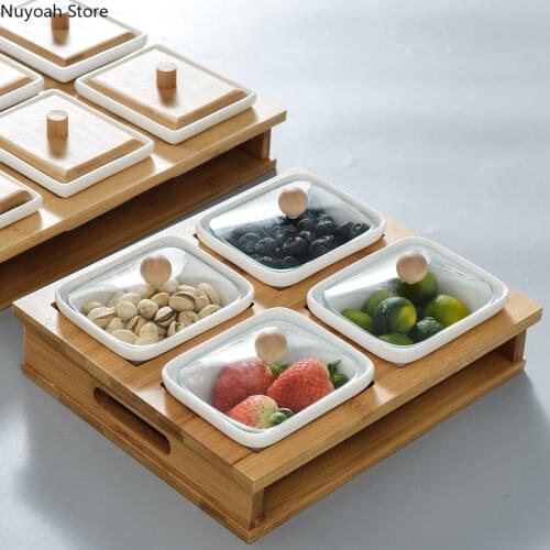 Ceramic Dried Fruit Box Snack Platter European-style Creative Grid with Lid Melon Seed Plate Home Living Room Candy Nut Box