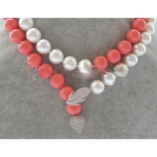 Beautiful Wholesale 12mm white+pink perfect round south sea shell pearl necklace-925silver free shipping