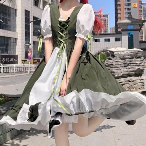 Summer Lolita Green Color Kawaii Contrast Navy Collar Tea Party Japan Style Daily Dress Tea Party Gothic Lolita dress