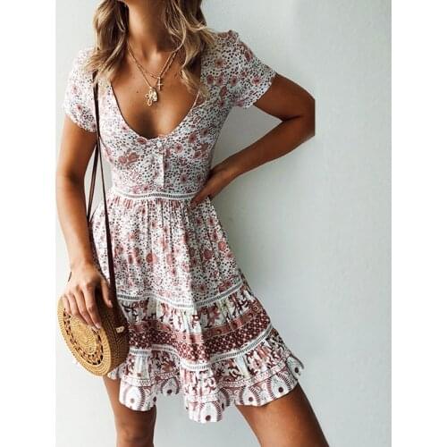 New Fashion Women Mini Dresses Sexy Bohemia V-neck Short Sleeve Floral Print Ethnic Summer Beach Female Split Stylish Style