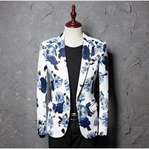 Men blue suits designs homme terno stage costumes for singers men printing blazer dance clothes jacket star style dress punk