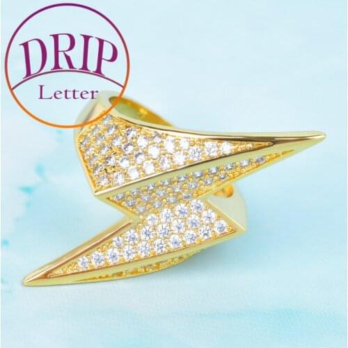 Lightning Ring Gold Color Shaped Charm Cubic Zirconia For Men Hip Hop Copper Rock Jewelry