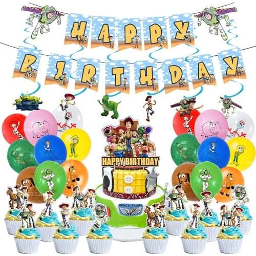 1set Disney Toy Story Buzz Lightyear Hudi Balloons Set Birthday Banner Cake Topper Baby Shower Boy Girl Kids Favors Toys Gift