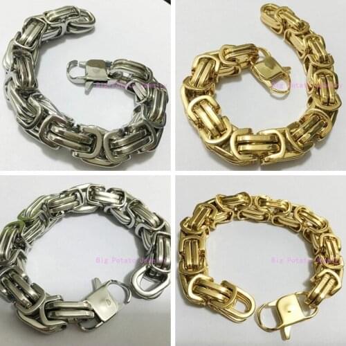 Huge Heavy 12/15mm Wide Silver/Gold Color 316L Stainless Steel Byzantine Box Chian Bracelet 7-11inch Custom Size Strong Men Gift