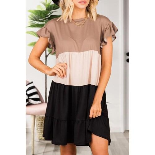 Khaki Ruffled Short Sleeve Colorblock Mini Dress for Women