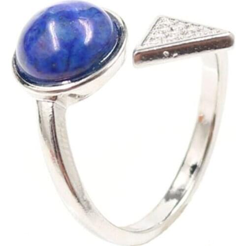 FYSL Silver Plated Geometric Shape Lapis Lazuli Beads Resizable Open Finger Ring Blue Sand Stone Jewelry