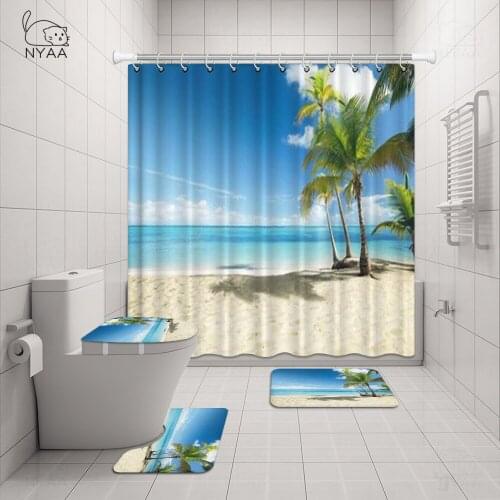 Coastal Beach Scenery Printed Pattern Shower Curtain Pedestal Rug Lid Toilet Cover Mat Bath Mat Set Bathroom Curtains with Hooks
