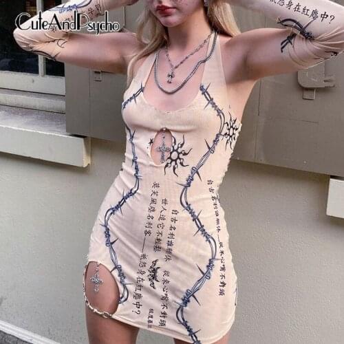 Harajuku Graphic Print Sexy Bodycon Dresses Women Streetwear Hollow Out Cloth with Sleeves Backless Dress Cute Cuteandpsycho