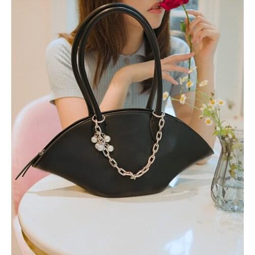 Fashion Vintage Large Hat Shape France Bag Stylish Handbags PU Leather Bag Pearl Beading Women Half Moon Bags Fashion Female