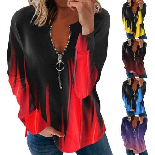 V-neck long-sleeved gradation flame print loose zipper T-shirt