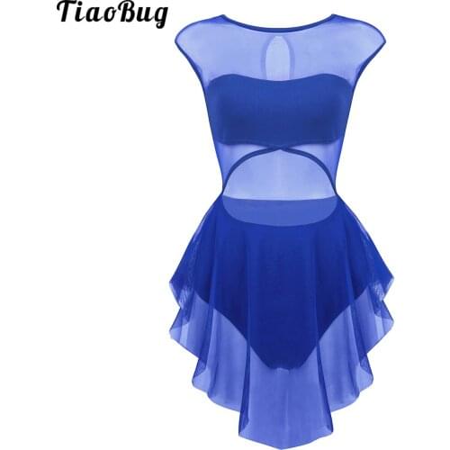 TiaoBug Women Adult Ballet Dancewear Sleeveless Round Neck Cut Out Front Asymmetric Mesh Leotard Gymnastics Bodysuit