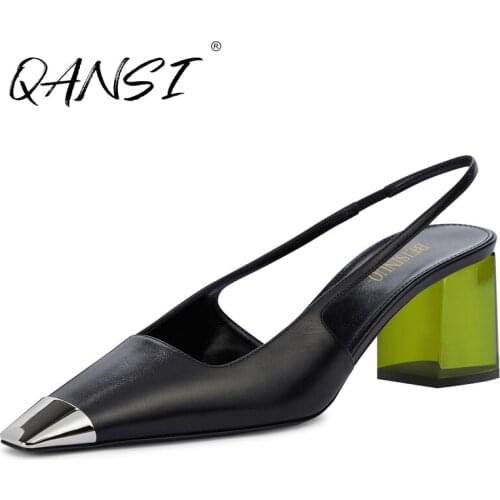 Handmade Retro Metal Point Toe Women Sling Back Pumps Office Black Thick Heel Woman Pumps Green Transparent Heel Womens Mules