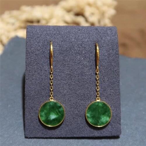 UBESTNICE Vintage 18K Gold Yellow Round Natural Full Green A-goods Jade Drop Hook Earrings For Women Party Gift Fine Jewelry