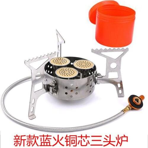 Outdoor Windproof Stove Equipped with Portable Camping Picnic Stove Split Gas Stove Blue Fire Copper Core Three-head Stove 9000W