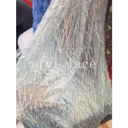 Stock 5yards N00114 good quality nice fringe sequin embroidery tulle lace fabric for evening dress/wedding
