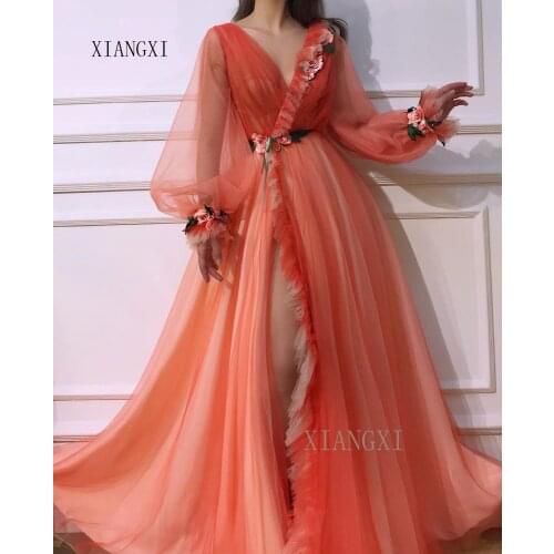 Evening Dresses Long Tulle A-Line V-Neck Full Sleeves 3D Flower Floor Length Formal Party Gowns Robe de soiree vestido de festa
