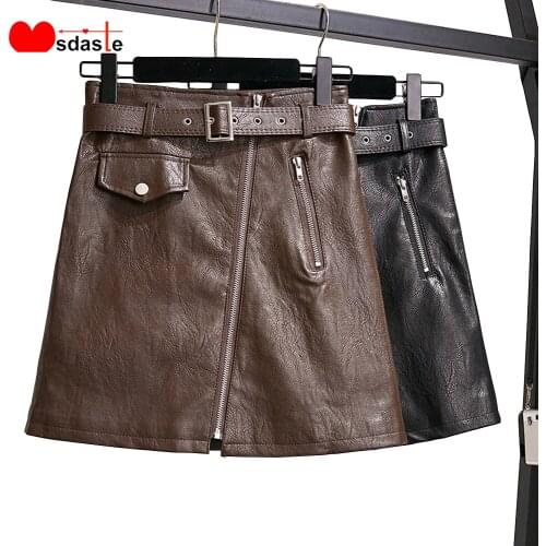 PU Skirts For Women 2020 Spring Autumn Wear A-Line Black Khaki Leather Skirts With Belt S - 2XL Black Khaki Lady Short Skirt