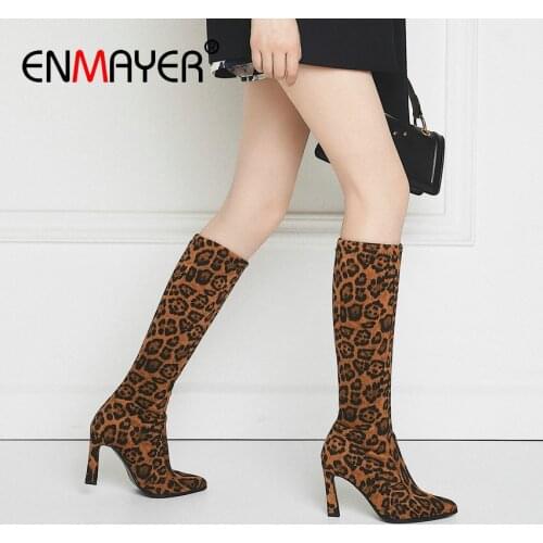 ENMAYER 2019 Winter Women Boots Stretch Faux Suede Slim Boots Mid-Calf Fashion Slip-On Thin Heels Flcok Shoes Women Size 34-43
