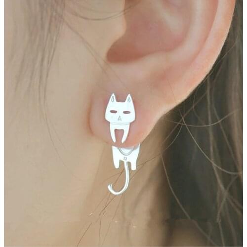 925 Sterling Silver Cat Earrings for Women Creative Cats Fish Ear Studs Unusual Earrings Girls Fashion Jewelry One Pair