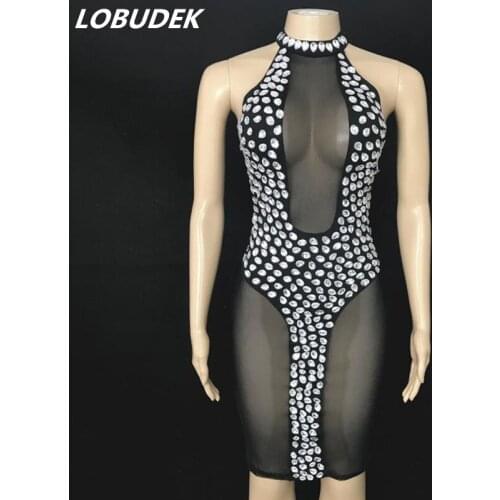 Women Birthday Prom Evening Party Diamond Dresses Black Mesh Shiny Rhinestones Off Shoulder Skinny Short Dress Bar Stage Costume