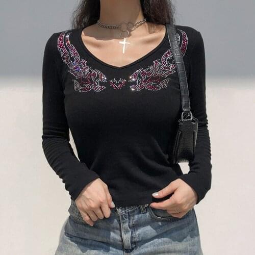 Women Y2K Rhinestone Gothic Crop Top Autumn Long Sleeve V Neck T-shirt 90s Vintage Dark Academic Tee Shirt E-girl Streetwear