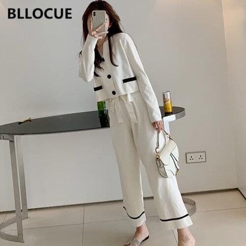 BLLOCUE 2020 Autumn Women Knitted Pants Set Sweaters 2pcs Suits Long Sleeve Single-breasted Cardigan Top+Wide-leg Trousers Set