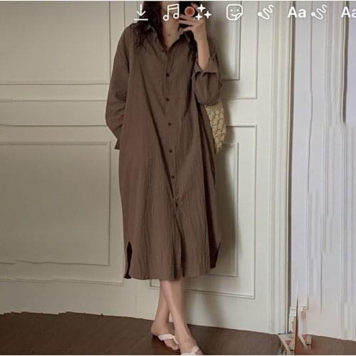 Korean Casual Spring Dress Women Single Breasted Shirts Dress Loose Oversized Party Dress Long Midi Dress Long Sleeve Cotton
