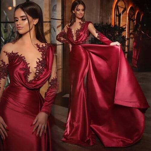 New Arrival Long Sleeves Burgundy Evening Dress Mermaid 2021 robe longue Kaftan Dubai Formal dress Party Gown Robe de soiree
