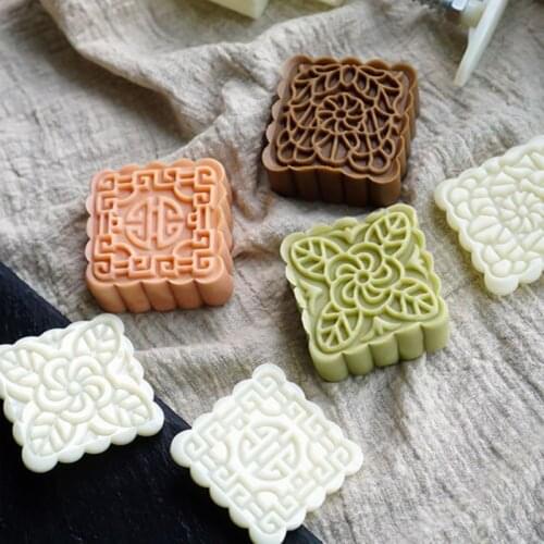 250g Mooncake Mold with 6pcs Square Flower Stamps Hand Press Moon Cake Pastry Mould DIY Bakeware Mid-autumn Festival