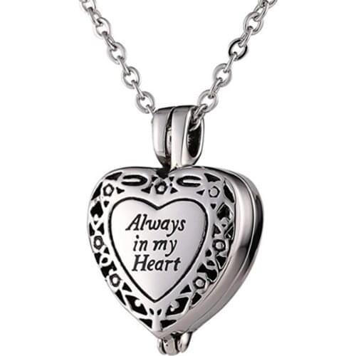 Classic Stainless Steel Cremation Urn Necklace for Ashes Carving Always in My Heart Memory Necklace Mens Women Memorial Jewelry