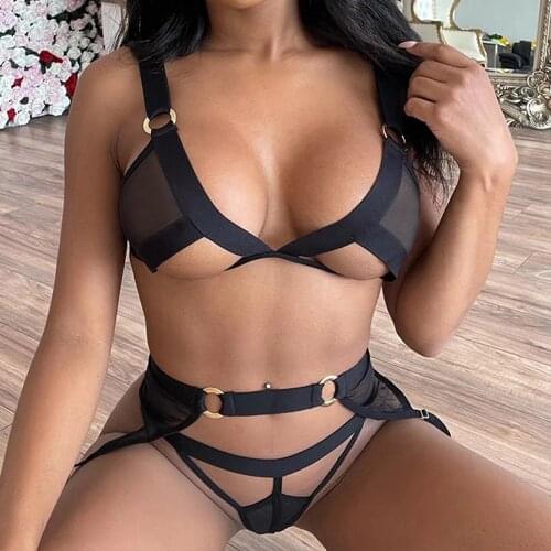 Lingerie Set Sexy Hollow Out Bra and Panties Lace Black Underwear Mesh Sheer Open Cup T-back Thong Corset Nightwear Costume Sets