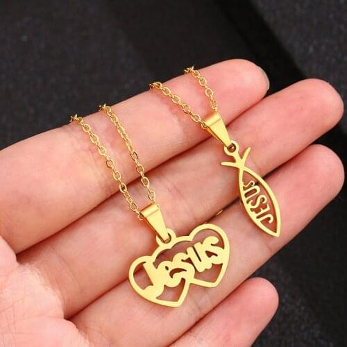 Stainless Steel Jesus Fish Choker Necklace For Women Love Heart Shape Pendant Collier Faith Jewelry Gift
