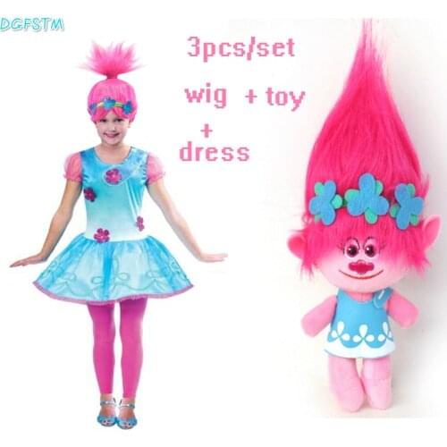 2017 New Cartoon Trolls Dress and wig and toy Summer Children Girls Sleeveless A-Line Dress Girls Princess Dresses Vestido