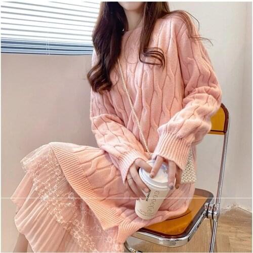 New net red lace stitched wool dress for womens lazy style loose Korean foreign style twist sweater wear versatile dress