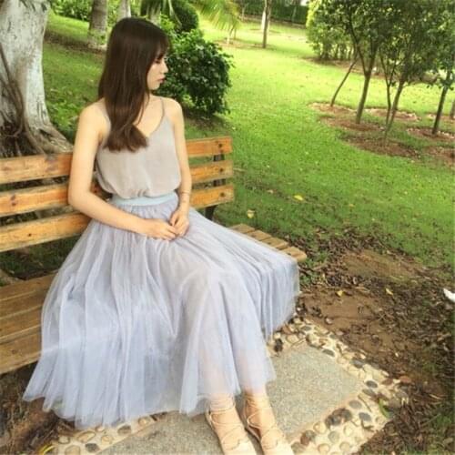 Solid Women Skirts Fashion Mesh Patchwork Solid Skirts Casual Three-layer Yarn High Waist Pleated Skirt Female