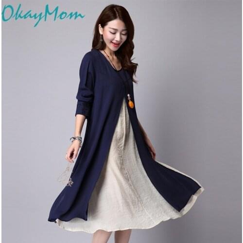 OkayMom Korean Maternity Linen Dresses Clothing Blue Long Loose Dress For Pregnant Women Pregnancy Wear Casual Dress Clothes