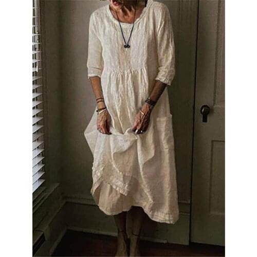 Oversized Women Cotton Linen Dress Ladies Casual O-Neck Vintage Solid Color Loose Dress Summer Long Womens Beach Dress Robe