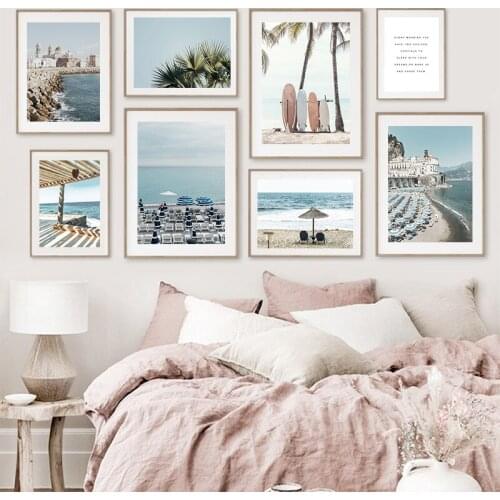 Tropical Summer Sea Beach Travel Poster Palm Tree Coconut Surfboard Car Canvas Art Painting Seascape Picture Wall Decoration