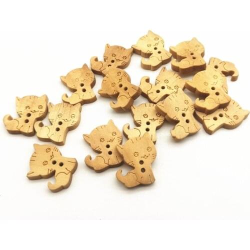 100pcs 14x15mm Natural Cat Shaped Wood Buttons DIY Crafts 2 Holes Cartoon Sewing Accessories Cardmaking Scrapbook Embellishments